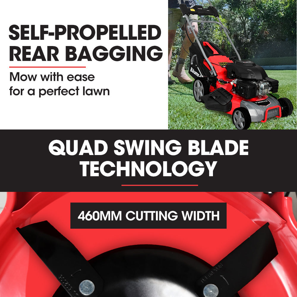 BAUMR-AG 18" 224cc Electric Start Self Propelled Lawn Mower, 7 Height, Steel Deck, 6HP, 4-Stroke Petrol V219-MOWSPRBM18EA