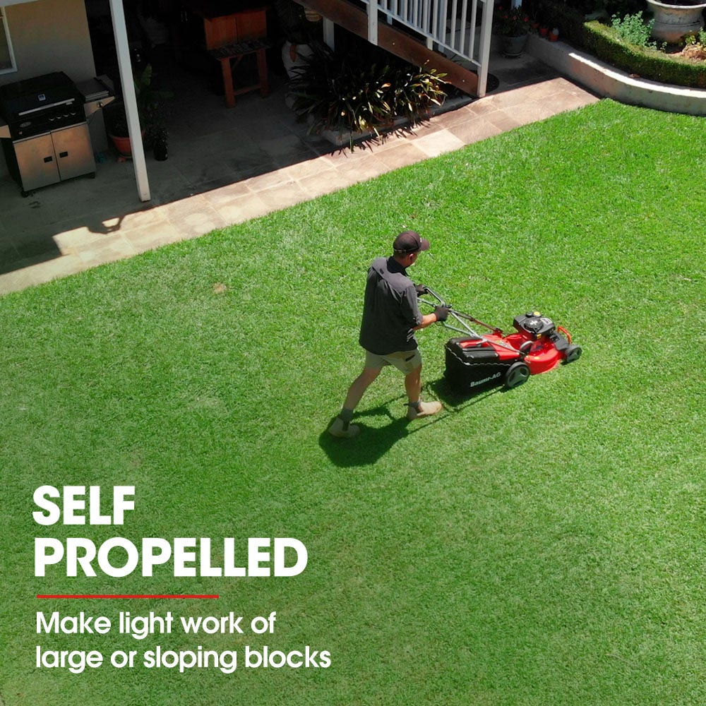 BAUMR-AG 18" 150cc Self Propelled Lawn Mower, 7 Height, Steel Deck, Cup Holders, 4-Stroke Petrol Lawnmower - V219-MOWSPRBM18SA