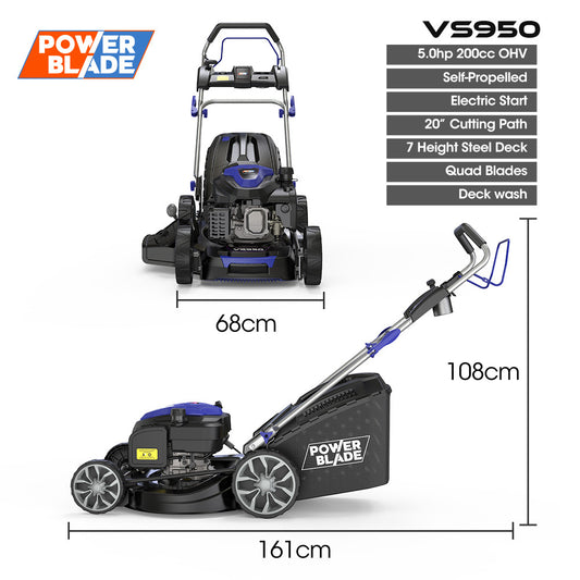 POWERBLADE 20" 200cc Self-Propelled Lawn Mower, Electric Start, 7 Height, Steel Deck, Deck Wash Port, OHV V219-MOWSPRPB20EA