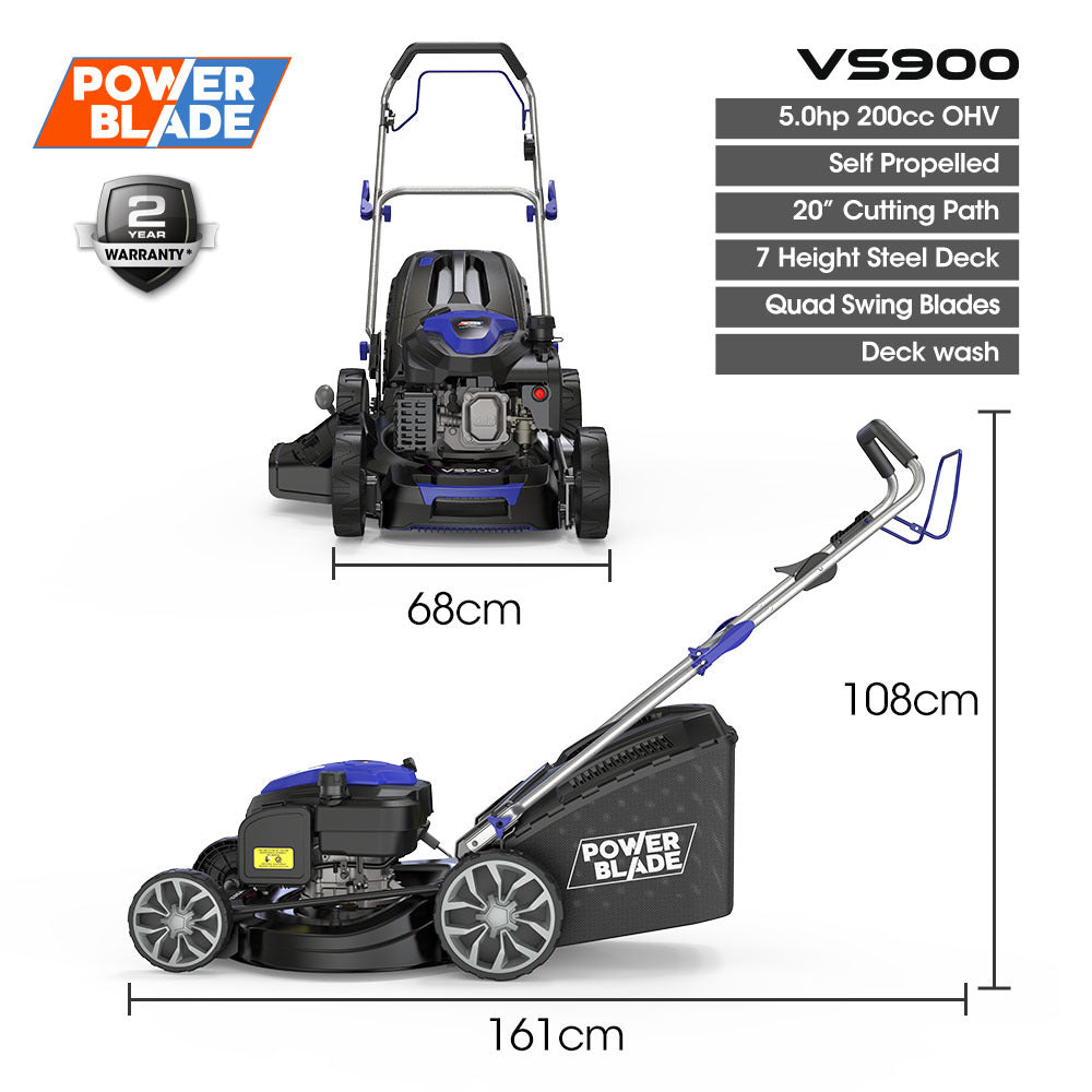 PowerBlade 20" 200cc Self-Propelled Lawn Mower, 7 Height, Steel Deck, Deck Wash Port, OHV 4-Stroke Petrol - V219-MOWSPRPB20SA