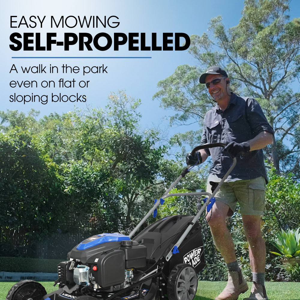PowerBlade 20" 200cc Self-Propelled Lawn Mower, 7 Height, Steel Deck, Deck Wash Port, OHV 4-Stroke Petrol - V219-MOWSPRPB20SA