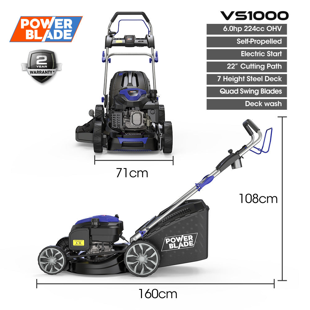 PowerBlade 22" 224cc Self-Propelled Lawn Mower, Electric Start, 7 Height, Steel Deck, Deck Wash Port, OHV V219-MOWSPRPB22EA