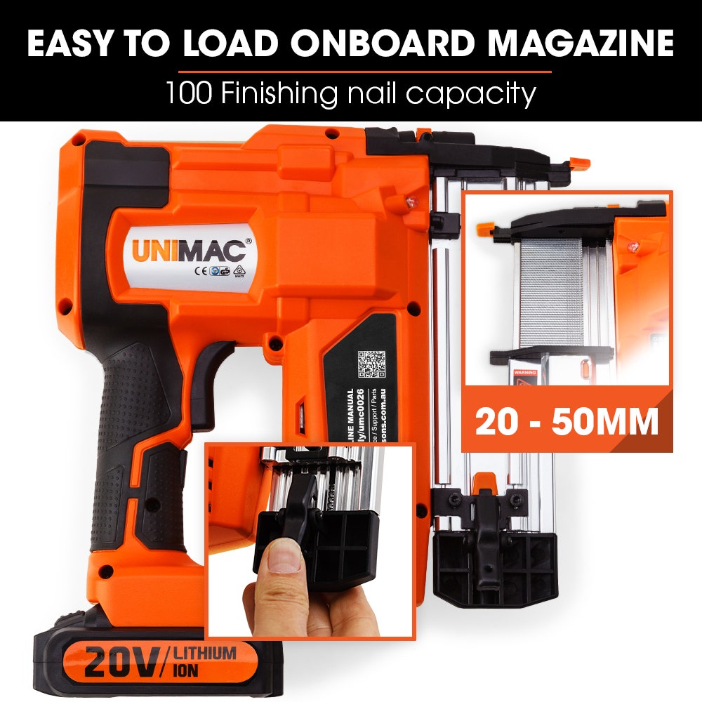 UNIMAC CLS400 20-50mm 16ga Finishing Nail Gun, Cordless 20V Lithium Nailer Kit V219-NALCLSUMCA4C0