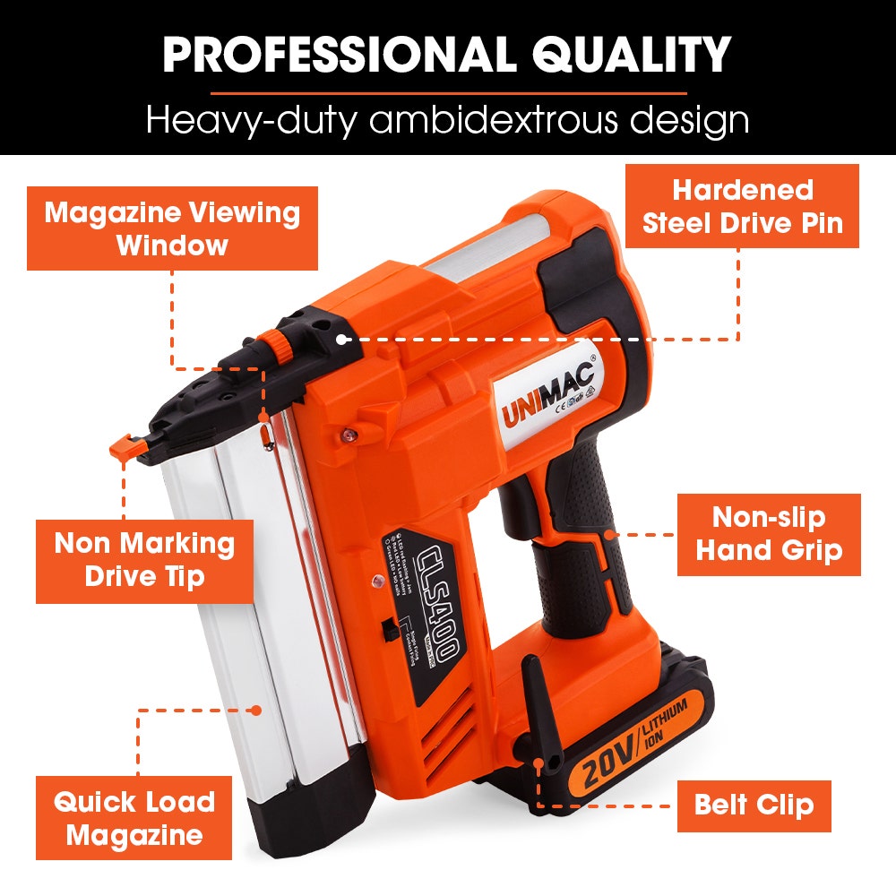 UNIMAC CLS400 20-50mm 16ga Finishing Nail Gun, Cordless 20V Lithium Nailer Kit V219-NALCLSUMCA4C0