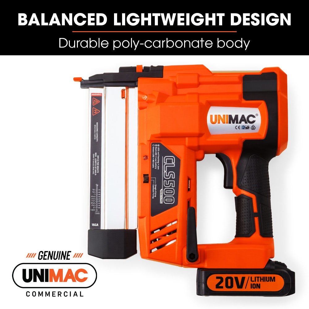 UNIMAC CLS500 15-50mm 18ga 2-in-1 Stapler/Brad Nail Gun, Cordless 20V Lithium Nailer V219-NALCLSUMCA5C0