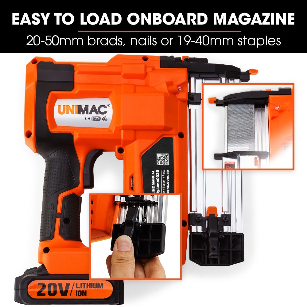 UNIMAC CLS500 15-50mm 18ga 2-in-1 Stapler/Brad Nail Gun, Cordless 20V Lithium Nailer V219-NALCLSUMCA5C0