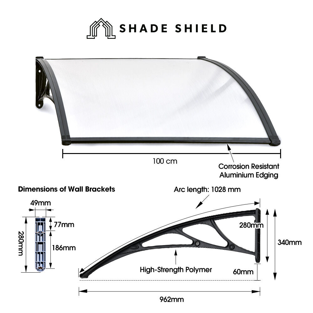 SHADE SHIELD 1x1m Aluminium Exterior Awning, Black DIY External UV Rain Protection Clear Polycarbonate Canopy V219-OAWFIXSS11CA