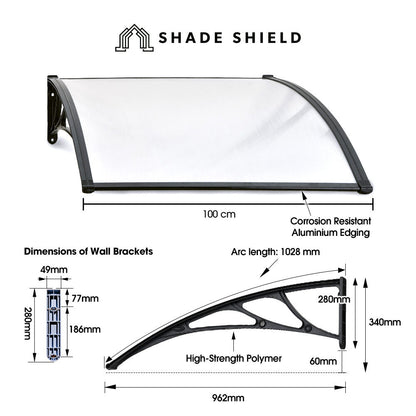 SHADE SHIELD 1x1m Aluminium Exterior Awning, Black DIY External UV Rain Protection Clear Polycarbonate Canopy V219-OAWFIXSS11CA