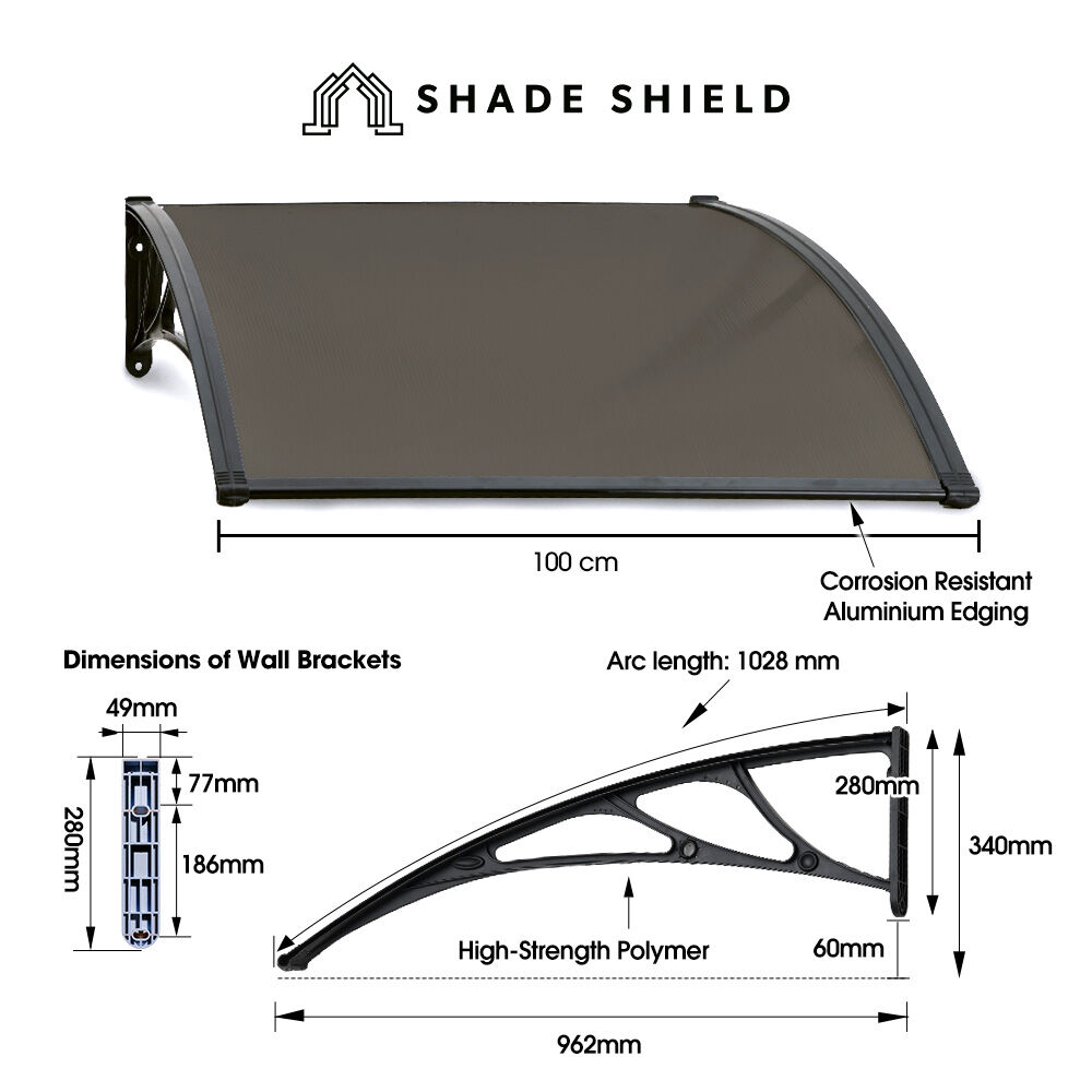 SHADE SHIELD 1x1m Aluminium Exterior Awning, Black DIY External UV Rain Protection Grey Tinted Polycarbonate V219-OAWFIXSS11GA