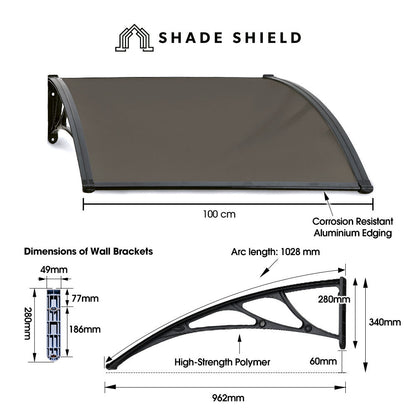 SHADE SHIELD 1x1m Aluminium Exterior Awning, Black DIY External UV Rain Protection Grey Tinted Polycarbonate V219-OAWFIXSS11GA