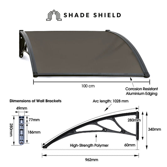 SHADE SHIELD 1x1m Aluminium Exterior Awning, Black DIY External UV Rain Protection Grey Tinted Polycarbonate V219-OAWFIXSS11GA
