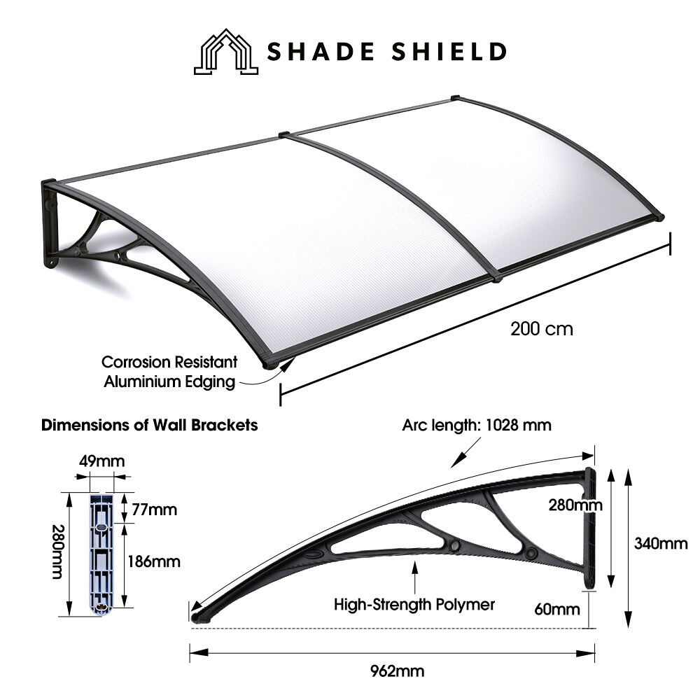 SHADE SHIELD 2x1m Aluminium Exterior Awning, Black DIY External UV Rain Protection Clear Polycarbonate Canopy V219-OAWFIXSS21CA