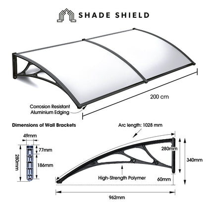 SHADE SHIELD 2x1m Aluminium Exterior Awning, Black DIY External UV Rain Protection Clear Polycarbonate Canopy V219-OAWFIXSS21CA