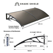 SHADE SHIELD 2x1m Aluminium Exterior Awning, Black DIY External UV Rain Protection Grey Tinted Polycarbonate V219-OAWFIXSS21GA