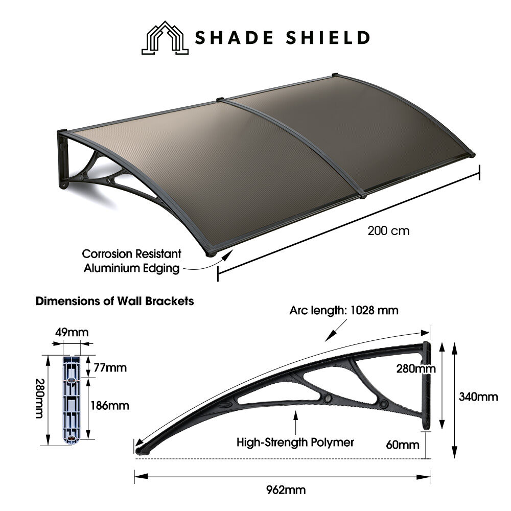 SHADE SHIELD 2x1m Aluminium Exterior Awning, Black DIY External UV Rain Protection Grey Tinted Polycarbonate V219-OAWFIXSS21GA