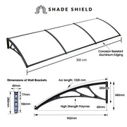 SHADE SHIELD 3x1m Aluminium Exterior Awning, Black DIY External UV Rain Protection Clear Polycarbonate Canopy V219-OAWFIXSS31CA