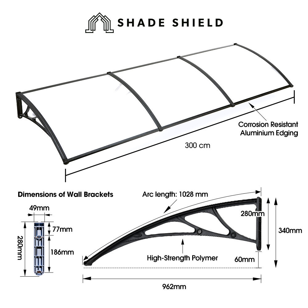 SHADE SHIELD 3x1m Aluminium Exterior Awning, Black DIY External UV Rain Protection Clear Polycarbonate Canopy V219-OAWFIXSS31CA