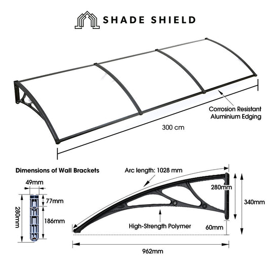 SHADE SHIELD 3x1m Aluminium Exterior Awning, Black DIY External UV Rain Protection Clear Polycarbonate Canopy V219-OAWFIXSS31CA