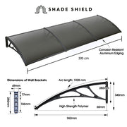 SHADE SHIELD 3x1m Aluminium Exterior Awning, Black DIY External UV Rain Protection Grey Tinted Polycarbonate V219-OAWFIXSS31GA