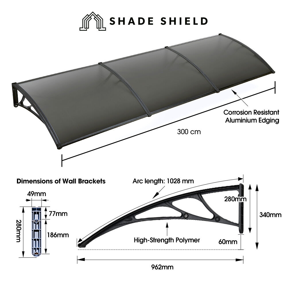 SHADE SHIELD 3x1m Aluminium Exterior Awning, Black DIY External UV Rain Protection Grey Tinted Polycarbonate V219-OAWFIXSS31GA
