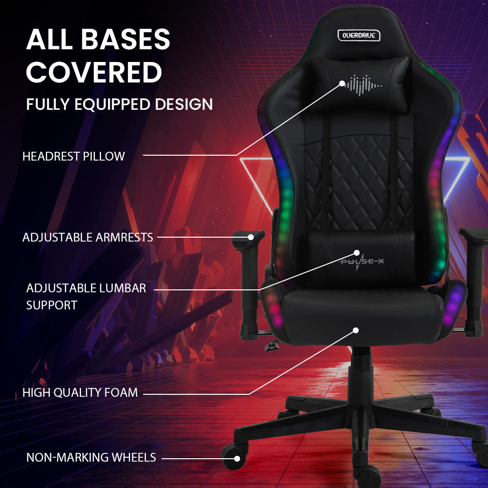 Overdrive Gaming Chair, with Bluetooth Speakers, RGB LED Lights, Reclining Game Armchair, Black V219-OFFGCROV5BKA
