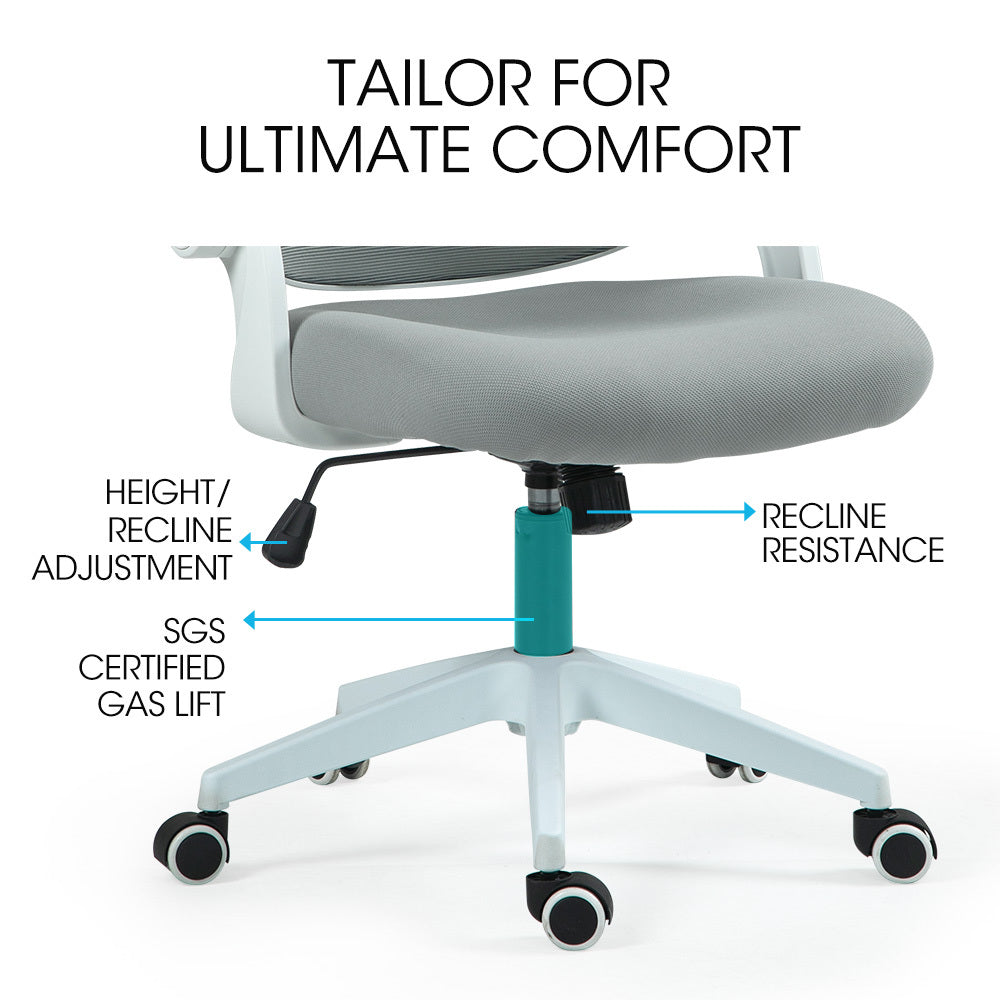Fortia Ergonomic Office Desk Chair, Coolmesh Fabric, Adjustable Recline, Grey Mesh/White Frame V219-OFFOCRFOE5GA