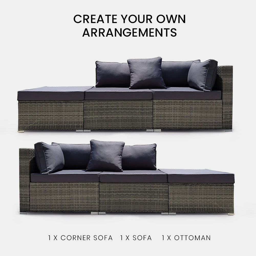LONDON RATTAN 3 Seater Modular Outdoor Lounge Setting incl. Ottoman, Grey V219-OTDOLSLR3SGY1