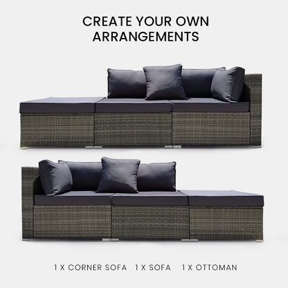 LONDON RATTAN 3 Seater Modular Outdoor Lounge Setting incl. Ottoman, Grey V219-OTDOLSLR3SGY1