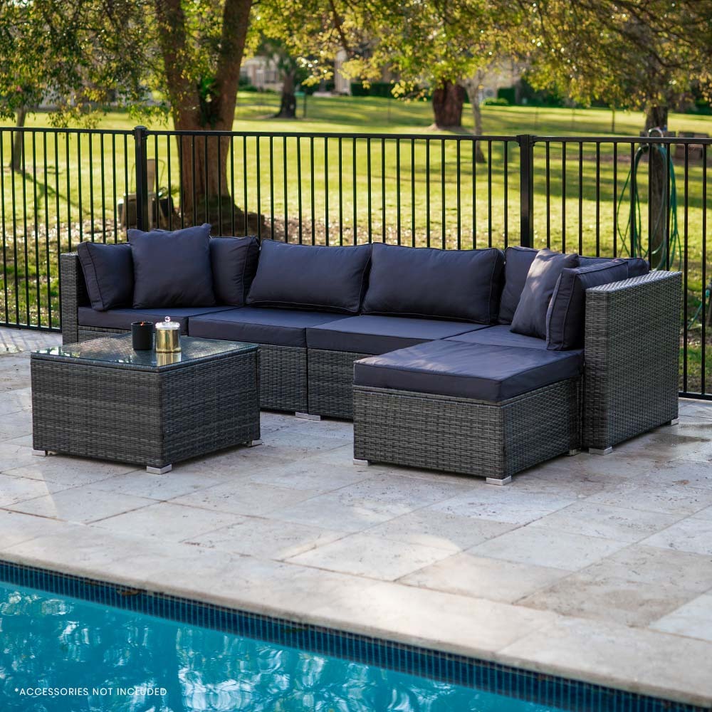 LONDON RATTAN 5 Seater Modular Outdoor Lounge Setting with Coffee Table, Ottoman, Grey V219-OTDOLSLR5SGY3