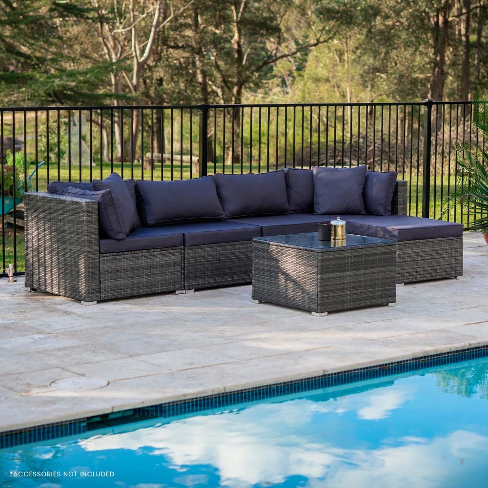 LONDON RATTAN 5 Seater Modular Outdoor Lounge Setting with Coffee Table, Ottoman, Grey V219-OTDOLSLR5SGY3