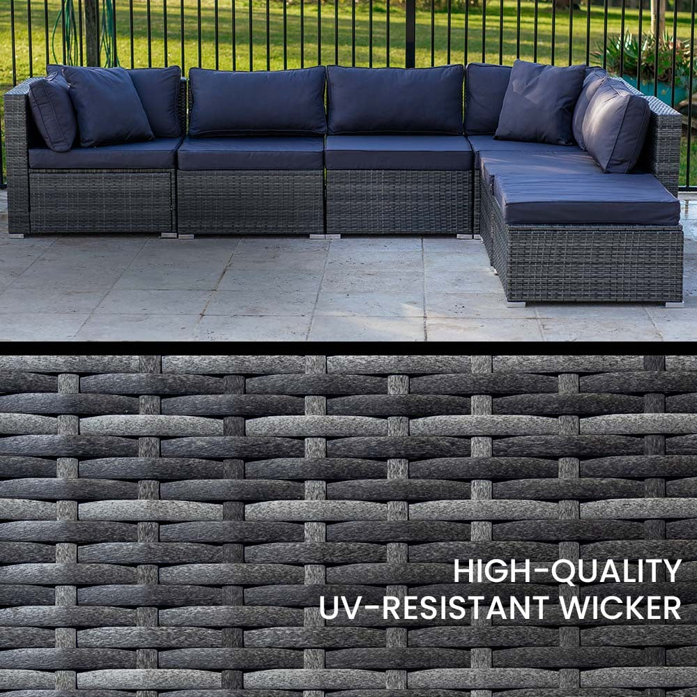 LONDON RATTAN 6 Seater Modular Outdoor Lounge Setting with Ottoman, Grey V219-OTDOLSLR6SGY1