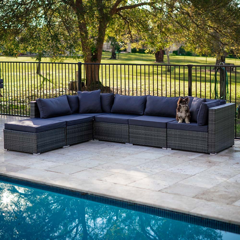 LONDON RATTAN 6 Seater Modular Outdoor Lounge Setting with Ottoman, Grey V219-OTDOLSLR6SGY1