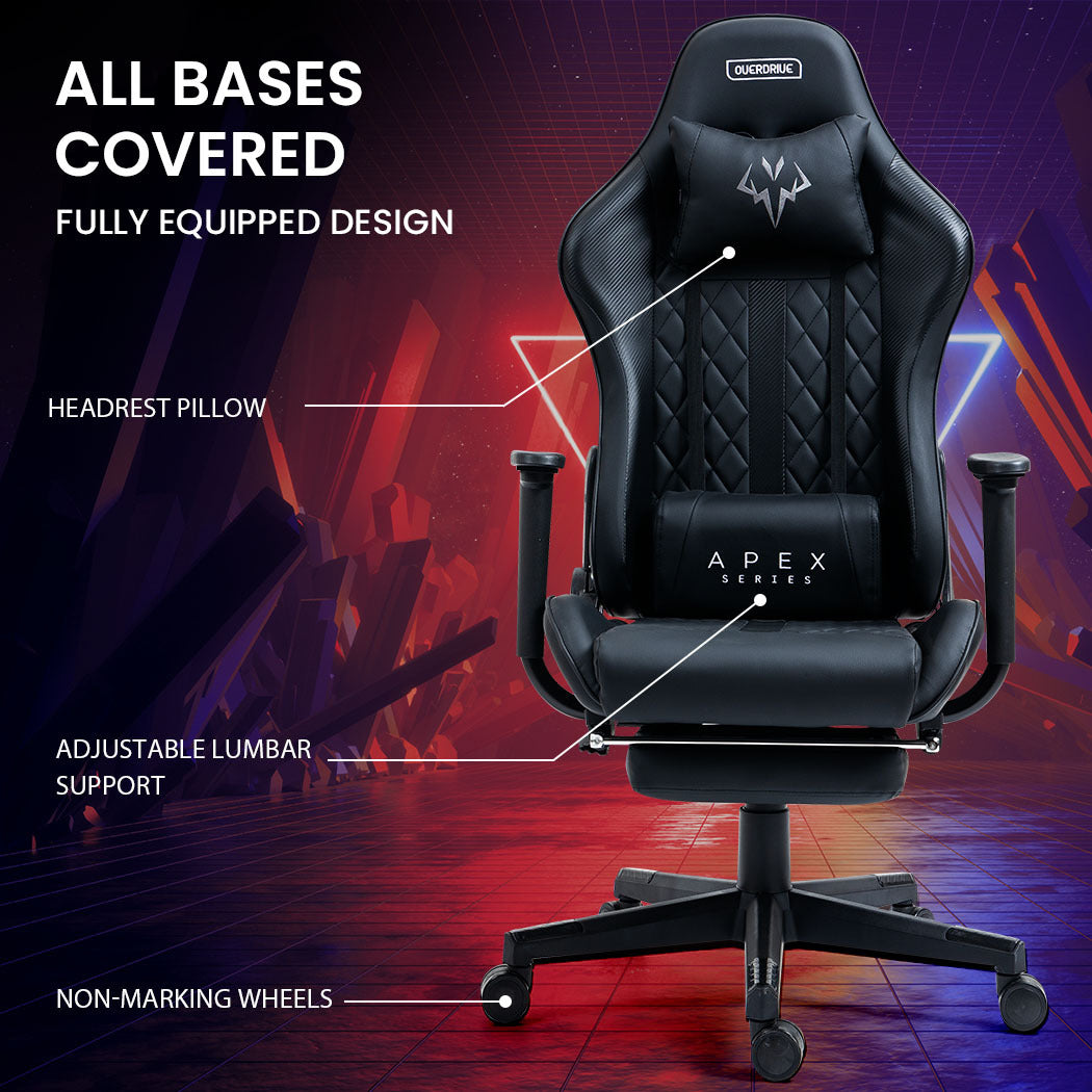 OVERDRIVE Apex Series Reclining Gaming Ergonomic Office Chair with Footrest, Black V219-OVGCFF42A