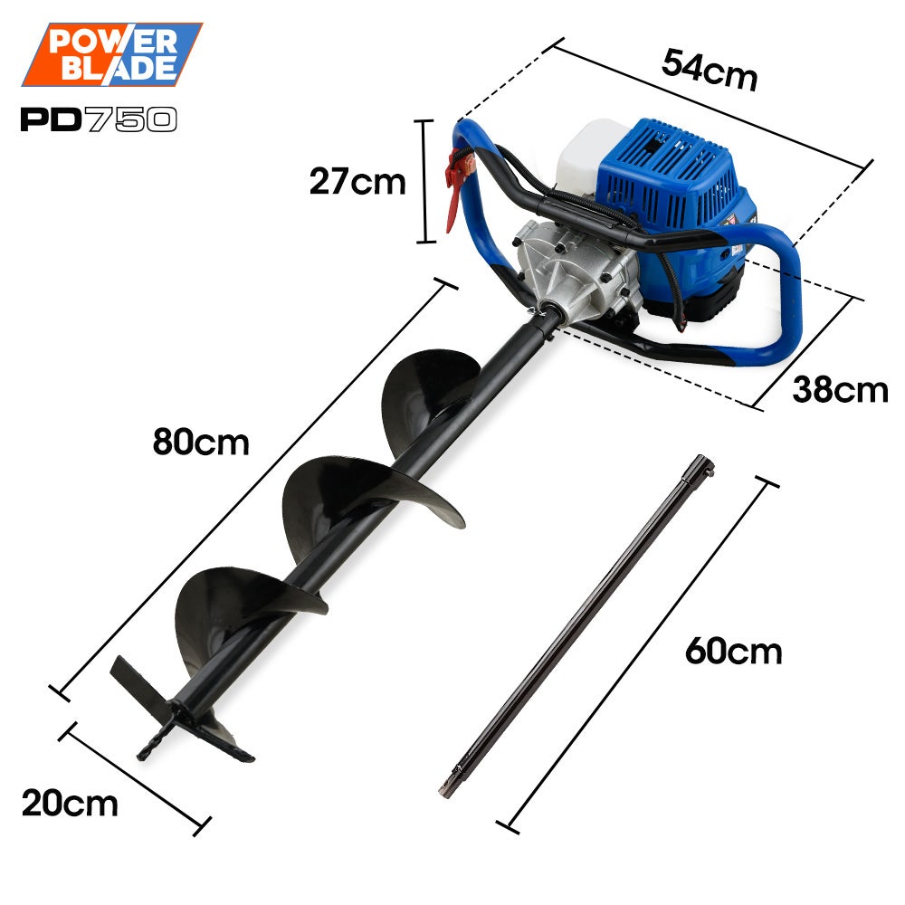 POWERBLADE PD750 52cc 2-Stroke Petrol Post Hole Digger, 200mm Auger w/ 600mm Extension Shaft V219-PHDPTRPB7C2A