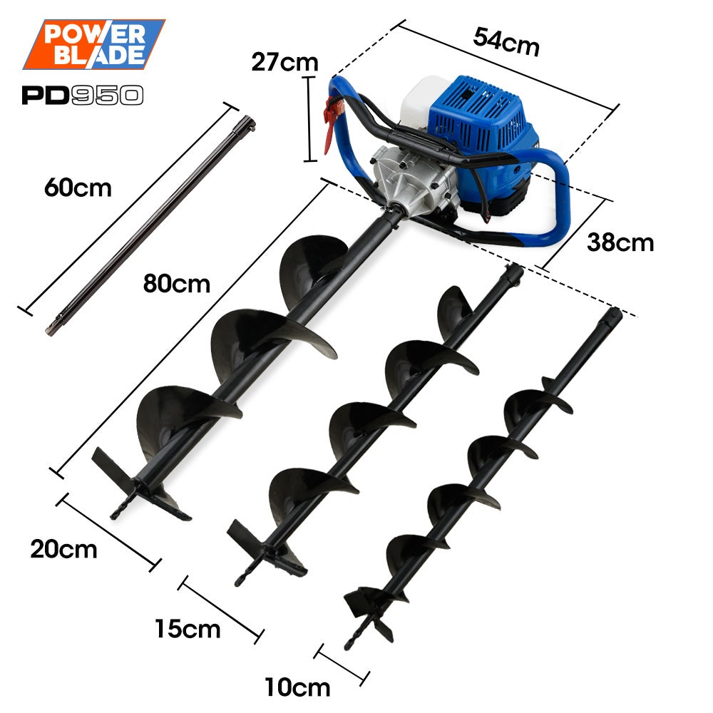 POWERBLADE PD950 52cc 2-Stroke Petrol Post Hole Digger, w/ 3 Auger bits, 600mm Extension Shaft V219-PHDPTRPB9C2A