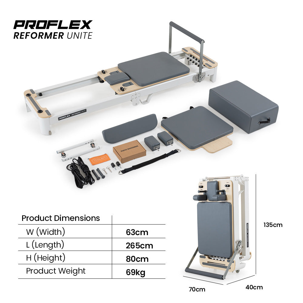 PROFLEX Aluminium Pilates Reformer Machine, Stretch Bed with box and jump board accessories V219-PILALUPFA8GA
