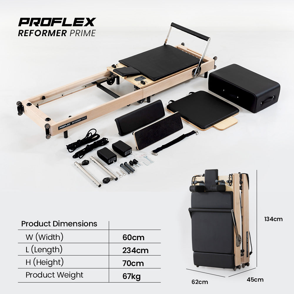 PROFLEX Wooden Pilates Reformer Machine, Stretch Bed with box and jump board accessories V219-PILWODPFW7BA