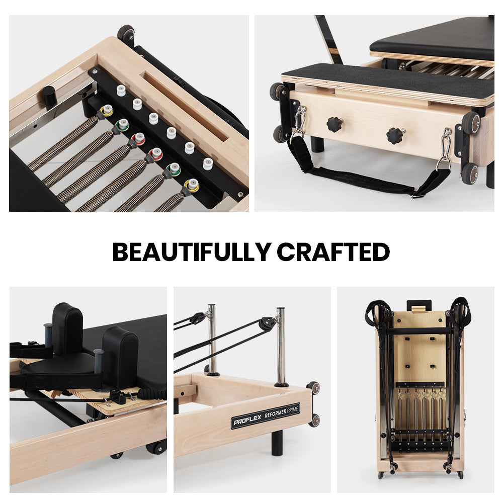 PROFLEX Wooden Pilates Reformer Machine, Stretch Bed with box and jump board accessories V219-PILWODPFW7BA