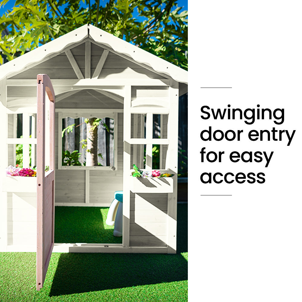 ROVO KIDS Cubby House, Wooden Outdoor DIY Timber Cottage Style Playhouse, for Children V219-PLYCBHRV1WTA