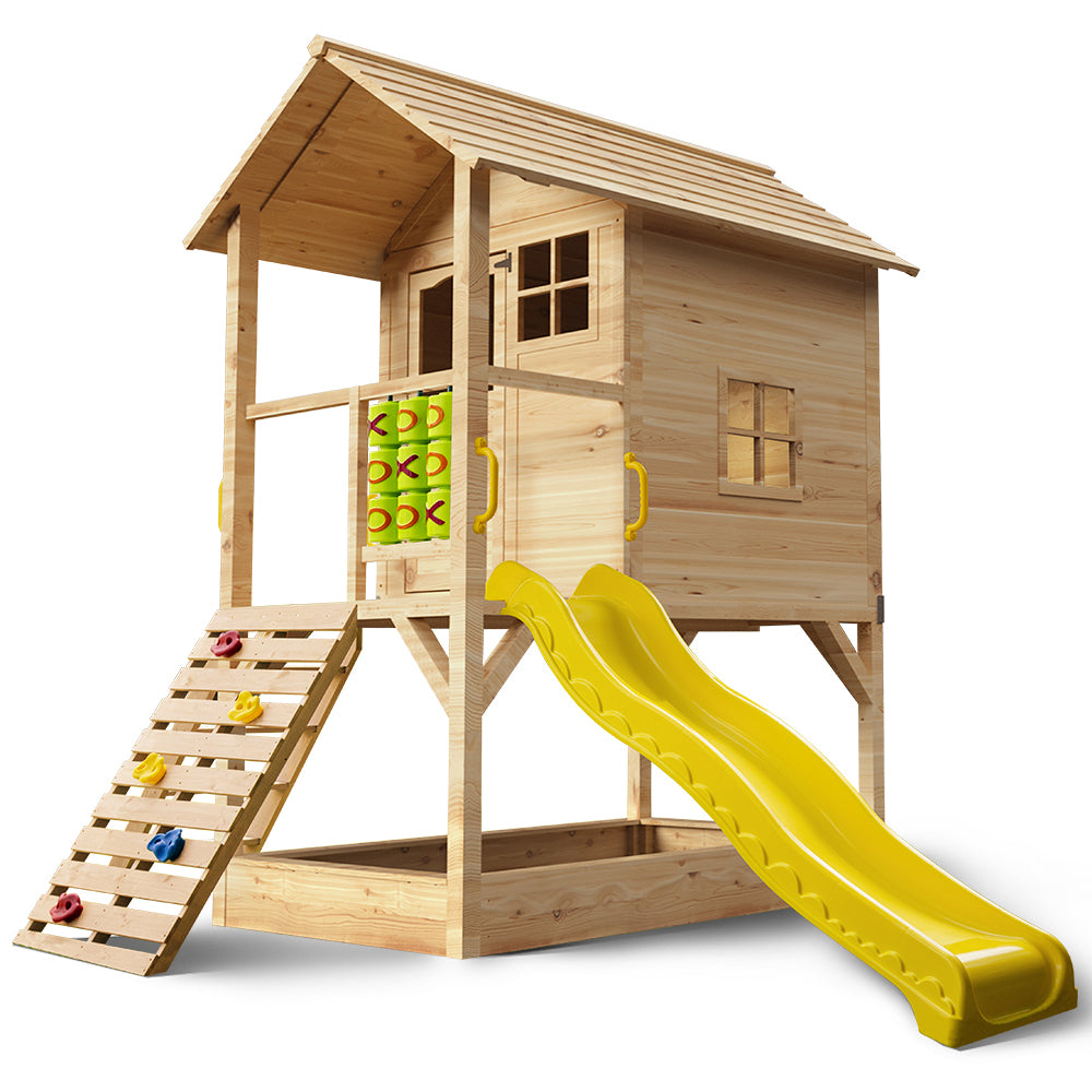 ROVO KIDS Wooden Tower Cubby House with Slide, Sandpit, Climbing Wall, Noughts & Crosses, Natural Colour V219-PLYCBHRV4NTA