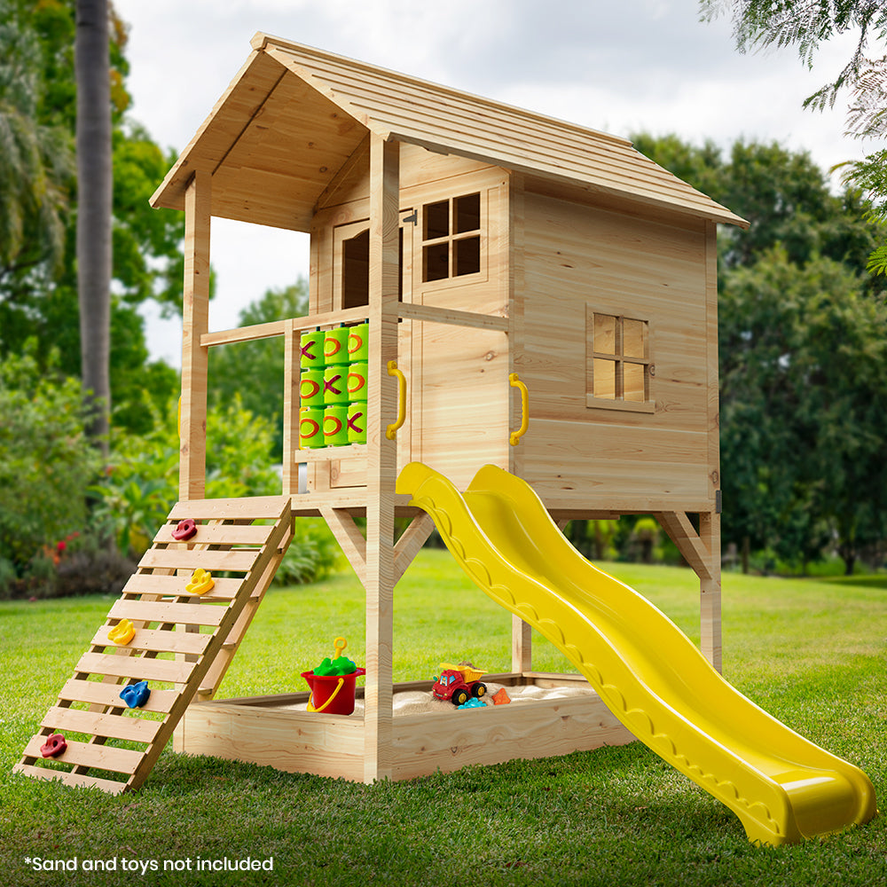 ROVO KIDS Wooden Tower Cubby House with Slide, Sandpit, Climbing Wall, Noughts & Crosses, Natural Colour V219-PLYCBHRV4NTA