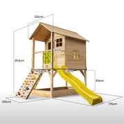 ROVO KIDS Wooden Tower Cubby House with Slide, Sandpit, Climbing Wall, Noughts & Crosses, Natural Colour V219-PLYCBHRV4NTA