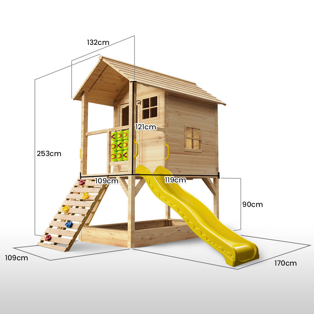 ROVO KIDS Wooden Tower Cubby House with Slide, Sandpit, Climbing Wall, Noughts & Crosses, Natural Colour V219-PLYCBHRV4NTA
