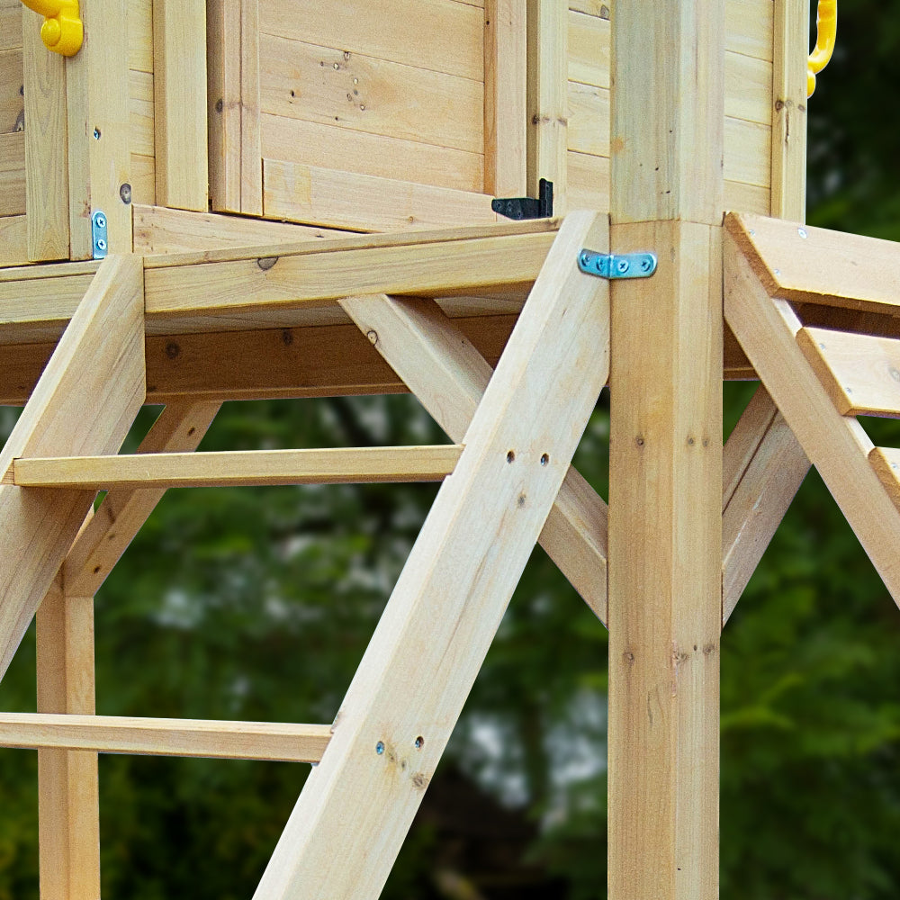 ROVO KIDS Wooden Tower Cubby House with Slide, Sandpit, Climbing Wall, Noughts & Crosses, Natural Colour V219-PLYCBHRV4NTA
