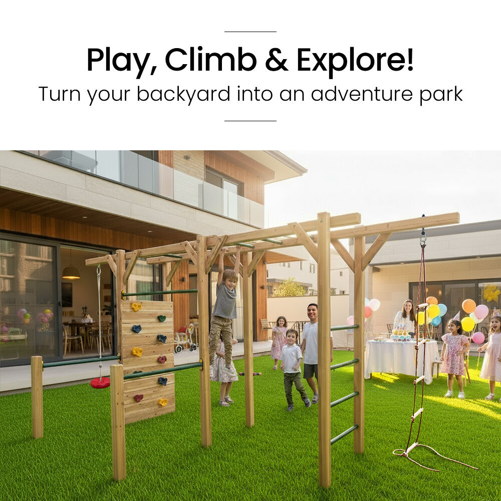 ROVO KIDS Ultimate Outdoor Monkey Bars Playset Frame, with Climbing Wall, Disc Swing, Rope Ladder V219-PLYNJPRVMB3B