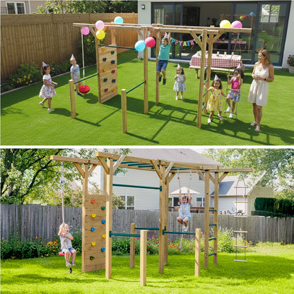 ROVO KIDS Ultimate Outdoor Monkey Bars Playset Frame, with Climbing Wall, Disc Swing, Rope Ladder V219-PLYNJPRVMB3B