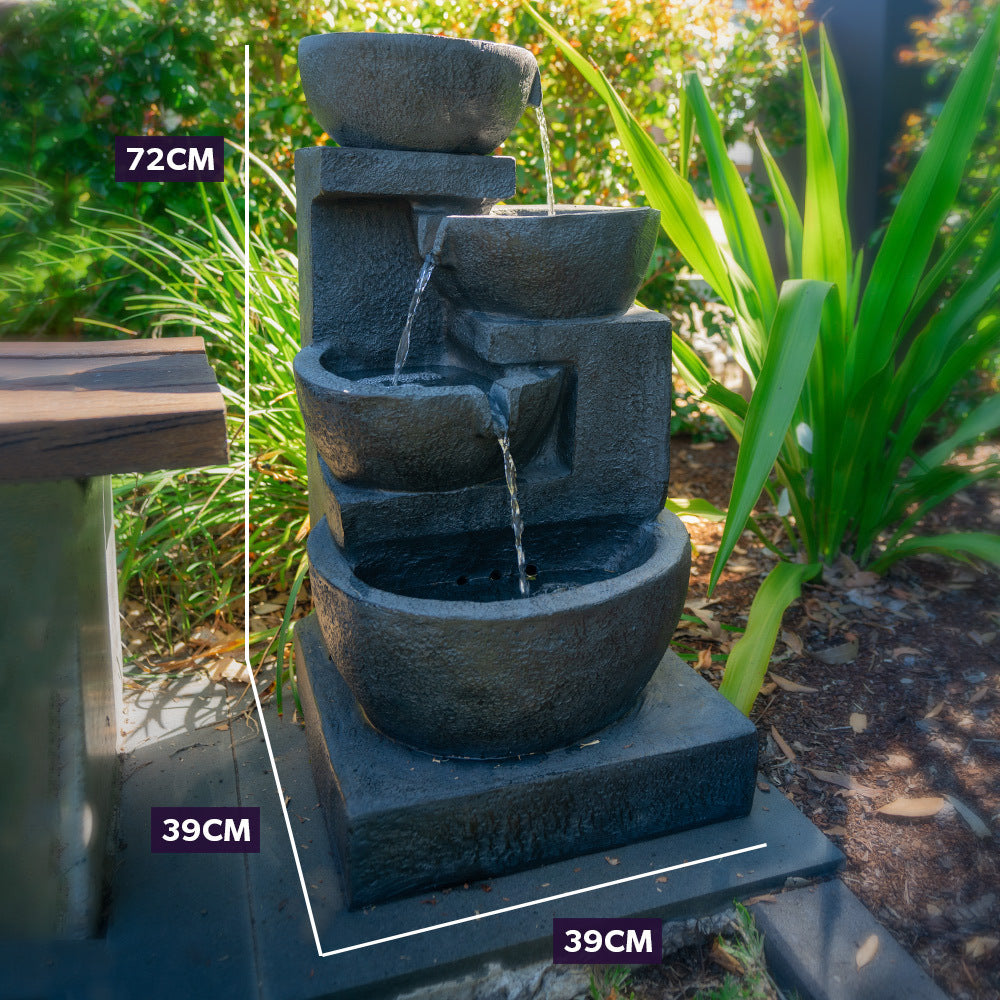 PROTEGE Solar Fountain Water Feature Outdoor 4 Bowl with LED Lights - Charcoal V219-PMPFPKPROA4BC