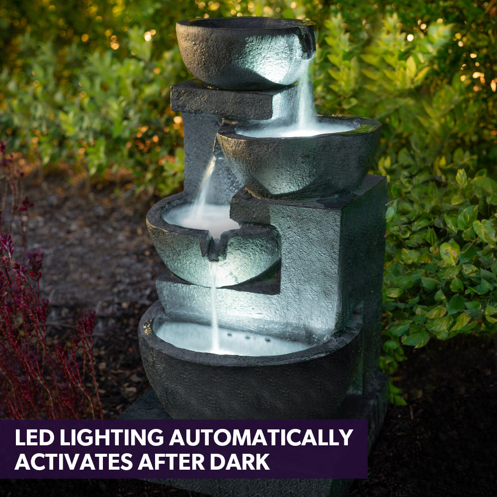 PROTEGE Solar Fountain Water Feature Outdoor 4 Bowl with LED Lights - Charcoal V219-PMPFPKPROA4BC