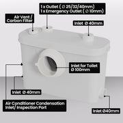 PROTEGE Macerator Pump, with 4 Inlet, for P-Trap Toilet, House, Bathroom, Shower, Sink, Washing Machine V219-PMPMCPPT4P4A