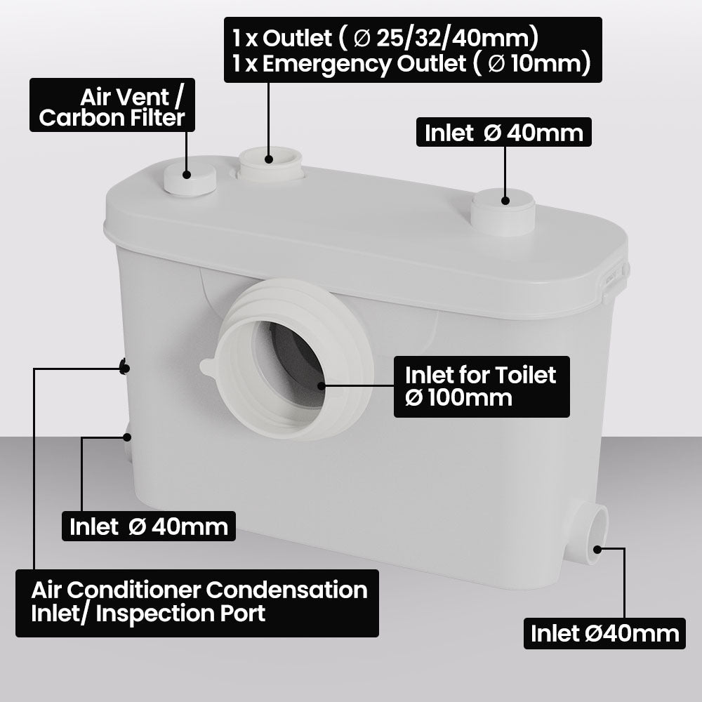 PROTEGE Macerator Pump, with 4 Inlet, for P-Trap Toilet, House, Bathroom, Shower, Sink, Washing Machine V219-PMPMCPPT4P4A